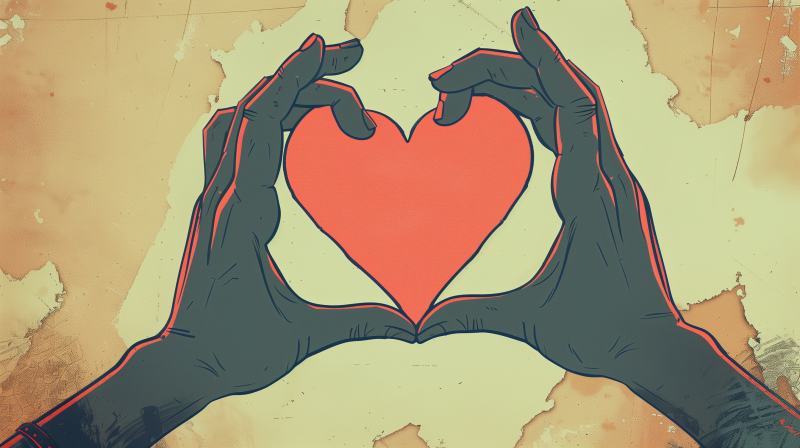 Illustration of two hands forming a heart shape against a vintage background.