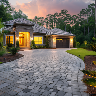 A luxurious house with illuminated windows at dusk, featuring a curving driveway paved with neatly arranged pavers, surrounded by well-maintained landscaping and trees.