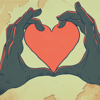 Illustration of two hands forming a heart shape against a vintage background.