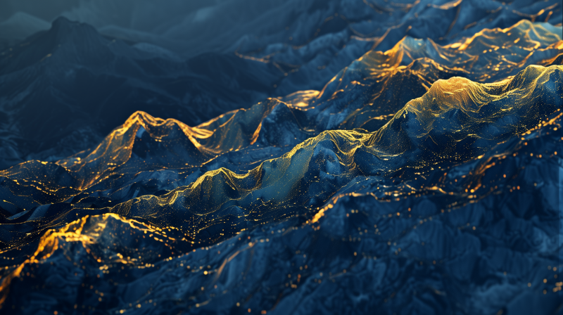 Abstract digital art of a mountainous topography with a blue and gold color scheme that gives a sense of illuminated terrain.