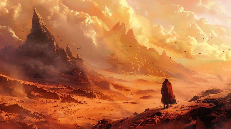 A cloaked figure standing before a vast desert landscape with towering spires and dramatic clouds during what appears to be a sunset. The scene conveys a sense of fantasy and adventure.