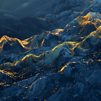 Abstract digital art of a mountainous topography with a blue and gold color scheme that gives a sense of illuminated terrain.