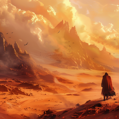 A cloaked figure standing before a vast desert landscape with towering spires and dramatic clouds during what appears to be a sunset. The scene conveys a sense of fantasy and adventure.