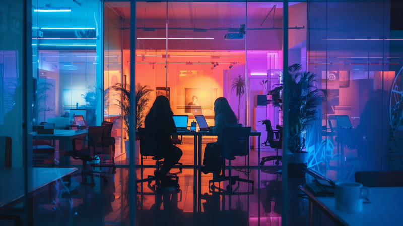 Two people working together at a desk with laptops in a modern office illuminated by blue and pink lighting.