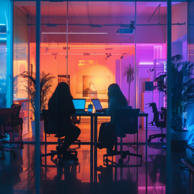 Two people working together at a desk with laptops in a modern office illuminated by blue and pink lighting.