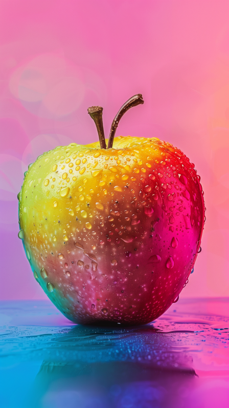 A colorful apple with water droplets against a vibrant pink and blue background.