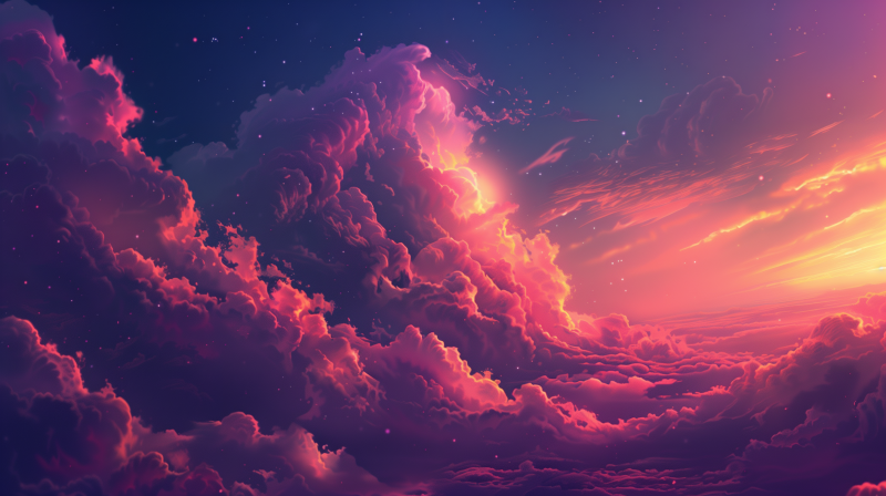 A vibrant artwork of a sky filled with dramatic clouds in hues of pink, purple, and orange, suggesting a sunset or sunrise, with stars twinkling in the backdrop.