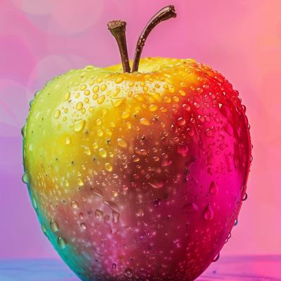 A colorful apple with water droplets against a vibrant pink and blue background.