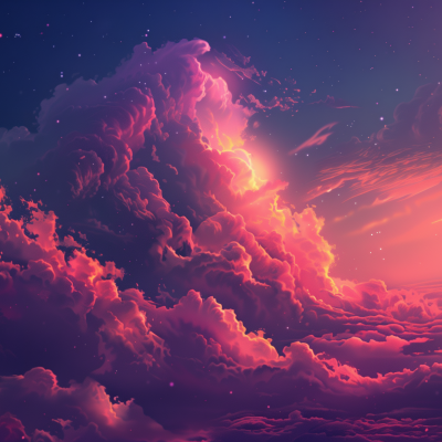 A vibrant artwork of a sky filled with dramatic clouds in hues of pink, purple, and orange, suggesting a sunset or sunrise, with stars twinkling in the backdrop.