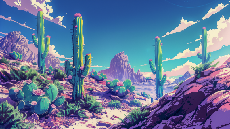 Illustration of a vibrant desert landscape featuring tall cacti and rocky formations under a blue sky with fluffy clouds.