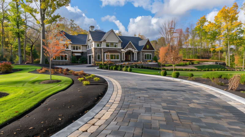 A curved paver driveway leading to an elegant house with lush landscaping and a backdrop of autumn trees.