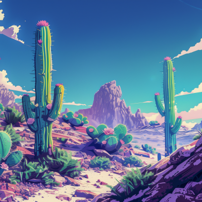 Illustration of a vibrant desert landscape featuring tall cacti and rocky formations under a blue sky with fluffy clouds.