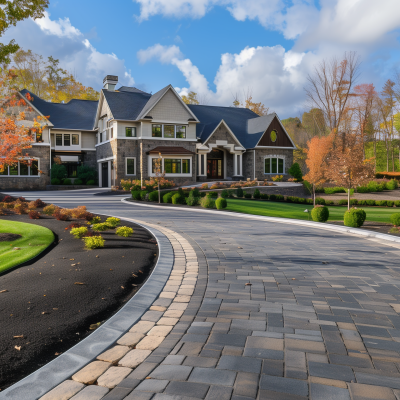 A curved paver driveway leading to an elegant house with lush landscaping and a backdrop of autumn trees.