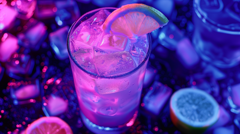 A refreshing glass with a cold drink, ice cubes, and a slice of lime, set against a blue-lit background.