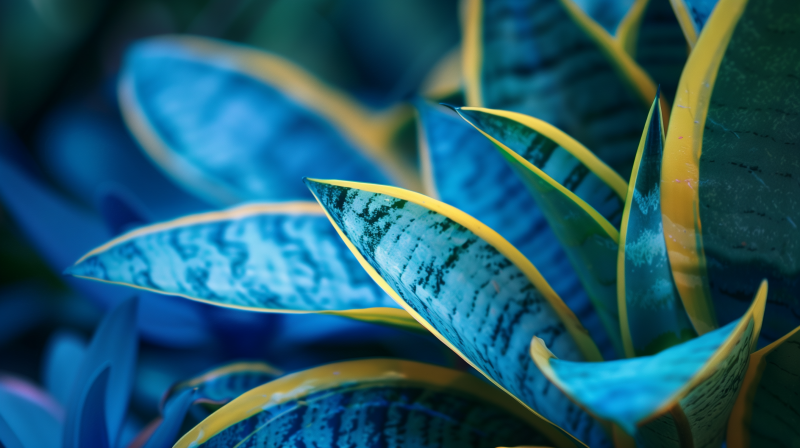 Close-up of a snake plant's leaves with vibrant yellow edges and distinctive green patterns.