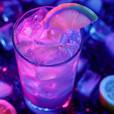 A refreshing glass with a cold drink, ice cubes, and a slice of lime, set against a blue-lit background.