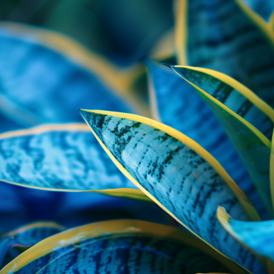 Close-up of a snake plant's leaves with vibrant yellow edges and distinctive green patterns.