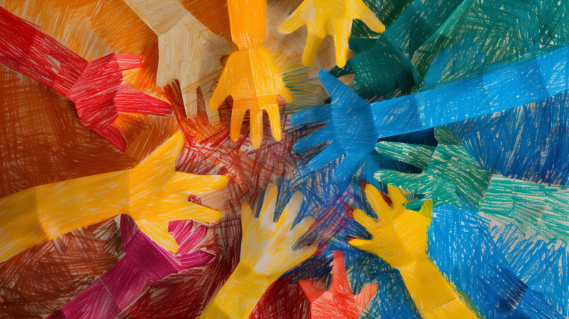 A colorful display of paper hands in red, blue, green, yellow, and orange, layered over one another in a symbol of teamwork and unity.