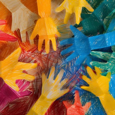 A colorful display of paper hands in red, blue, green, yellow, and orange, layered over one another in a symbol of teamwork and unity.