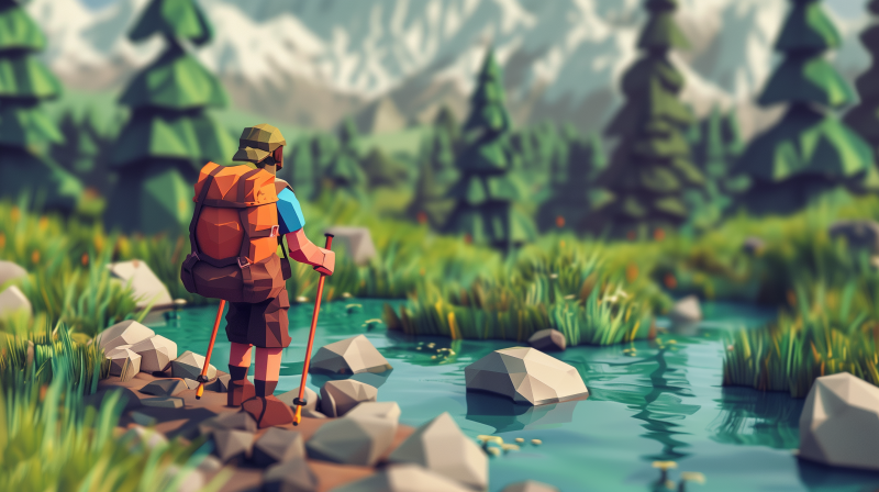 A stylized illustration of a hiker with a backpack and trekking poles standing by a mountain stream, with forested landscape and snowy mountains in the distance.