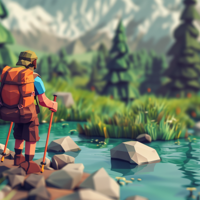 A stylized illustration of a hiker with a backpack and trekking poles standing by a mountain stream, with forested landscape and snowy mountains in the distance.