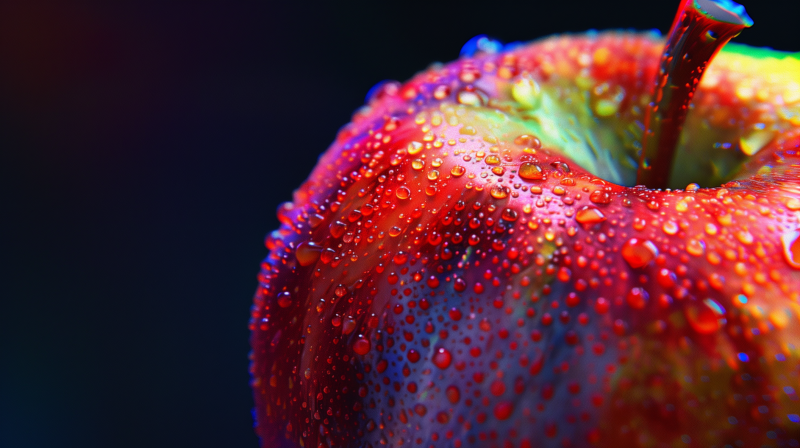 Close-up of a dew-covered red apple against a dark background.