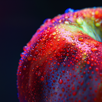 Close-up of a dew-covered red apple against a dark background.