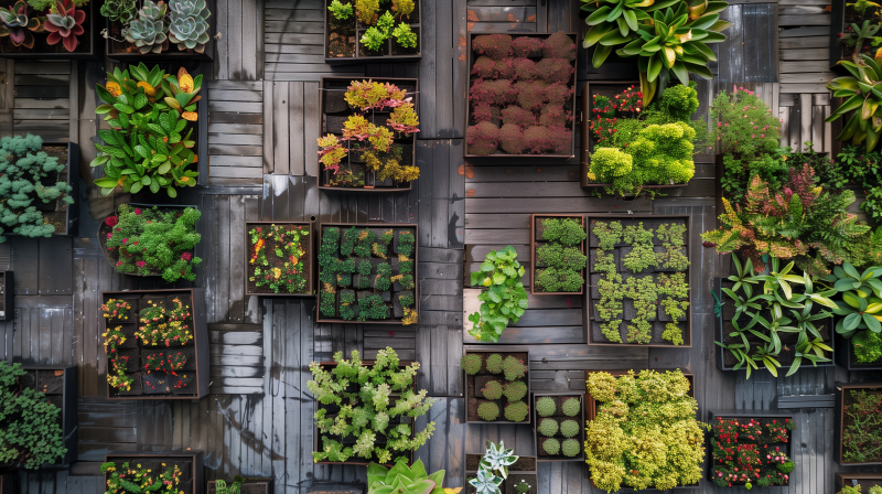 Aerial view of a densely arranged urban garden with various plants and succulents in a modular layout on a wooden surface.