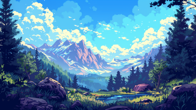 A vibrant illustration of a mountainous landscape with snow-capped peaks, lush greenery, a crystal-clear river in the foreground, and a bright blue sky dotted with fluffy clouds above.