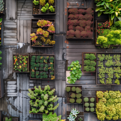 Aerial view of a densely arranged urban garden with various plants and succulents in a modular layout on a wooden surface.