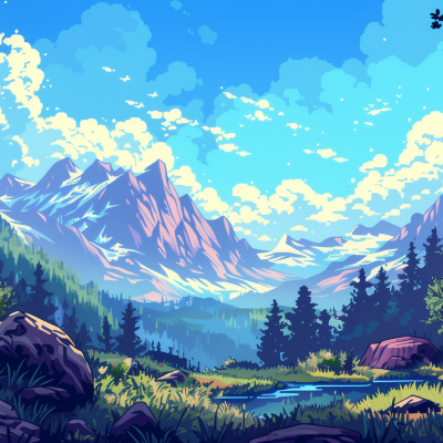 A vibrant illustration of a mountainous landscape with snow-capped peaks, lush greenery, a crystal-clear river in the foreground, and a bright blue sky dotted with fluffy clouds above.