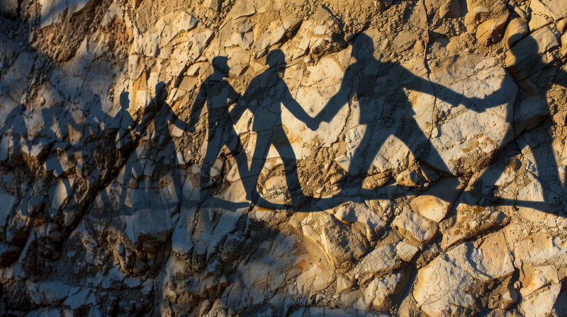 Shadows of four people holding hands, symbolizing teamwork, cast on a rocky surface.