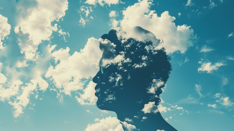 Silhouette of a person's profile blended with fluffy clouds against a blue sky, symbolizing inspiration or an idea.