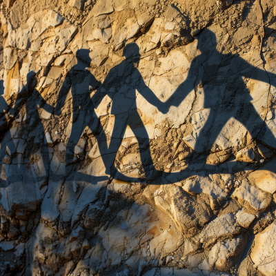 Shadows of four people holding hands, symbolizing teamwork, cast on a rocky surface.