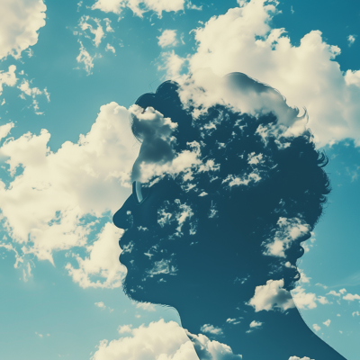 Silhouette of a person's profile blended with fluffy clouds against a blue sky, symbolizing inspiration or an idea.