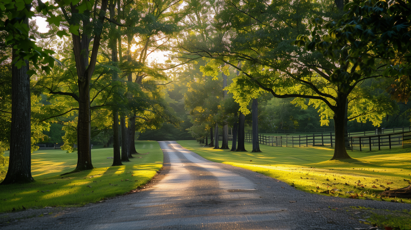 A scenic driveway lined with lush trees and illuminated by the warm glow of the sun filtering through the leaves, exemplifying well-maintained landscaping.