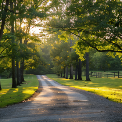 A scenic driveway lined with lush trees and illuminated by the warm glow of the sun filtering through the leaves, exemplifying well-maintained landscaping.