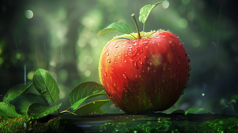 An apple with water droplets on it, surrounded by green leaves, against a soft-focused green background.