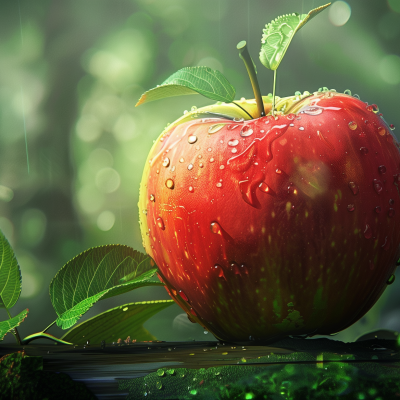 An apple with water droplets on it, surrounded by green leaves, against a soft-focused green background.