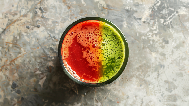 Top view of a fresh, two-tone smoothie with red and green colors in a glass on a textured surface.