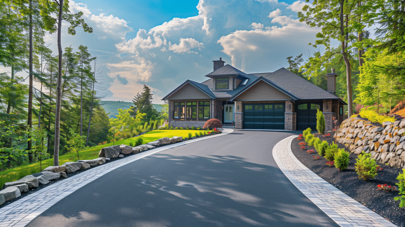 A modern house with a curved driveway, surrounded by landscaped gardens against a backdrop of blue skies and fluffy clouds.