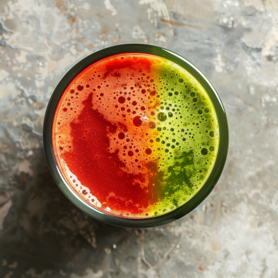 Top view of a fresh, two-tone smoothie with red and green colors in a glass on a textured surface.