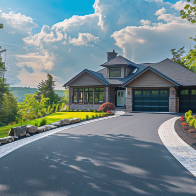 A modern house with a curved driveway, surrounded by landscaped gardens against a backdrop of blue skies and fluffy clouds.