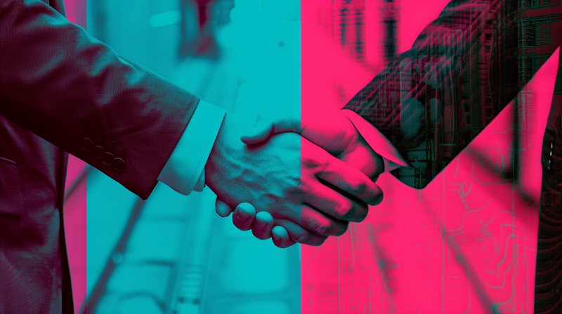 Two individuals in business attire shaking hands, with the image color split into teal and pink tones, symbolizing a professional agreement or greeting.