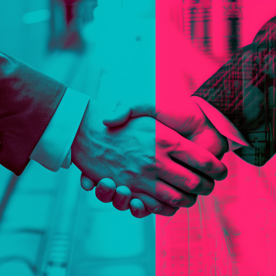 Two individuals in business attire shaking hands, with the image color split into teal and pink tones, symbolizing a professional agreement or greeting.