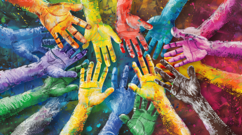 A vibrant array of painted hands in various colors reaching in towards each other, symbolizing unity and teamwork.