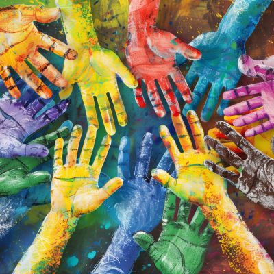 A vibrant array of painted hands in various colors reaching in towards each other, symbolizing unity and teamwork.