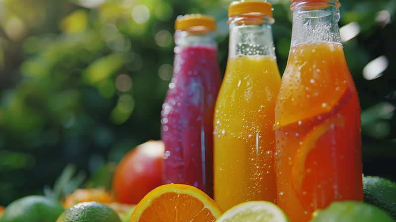 Three bottles of colorful smoothies with condensation, surrounded by fresh fruit, with a blurred green background.