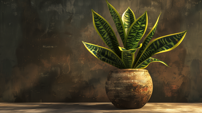 A snake plant with tall green and yellow variegated leaves in a rustic pot against a textured dark background.