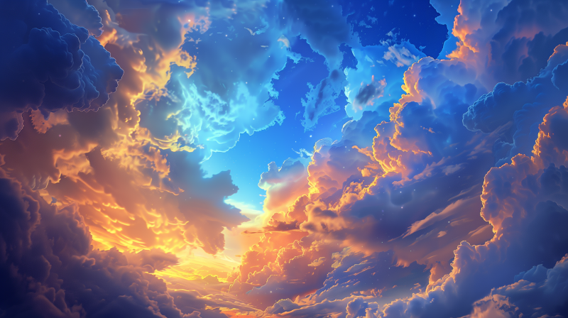 A vivid and colorful sky with a dynamic arrangement of clouds, capturing the transition from golden sunset hues to deepening blue tones.